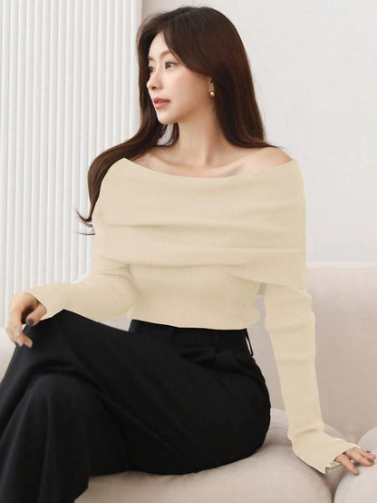 DAZY 1pc Women Solid Color Off Shoulder Long Sleeve Ribbed Casual Sweater Off Shoulder Sweater