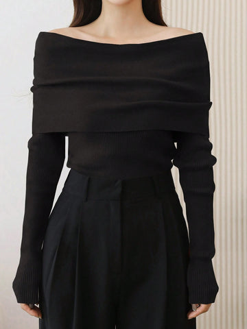 DAZY 1pc Women Solid Color Off Shoulder Long Sleeve Ribbed Casual Sweater Off Shoulder Sweater