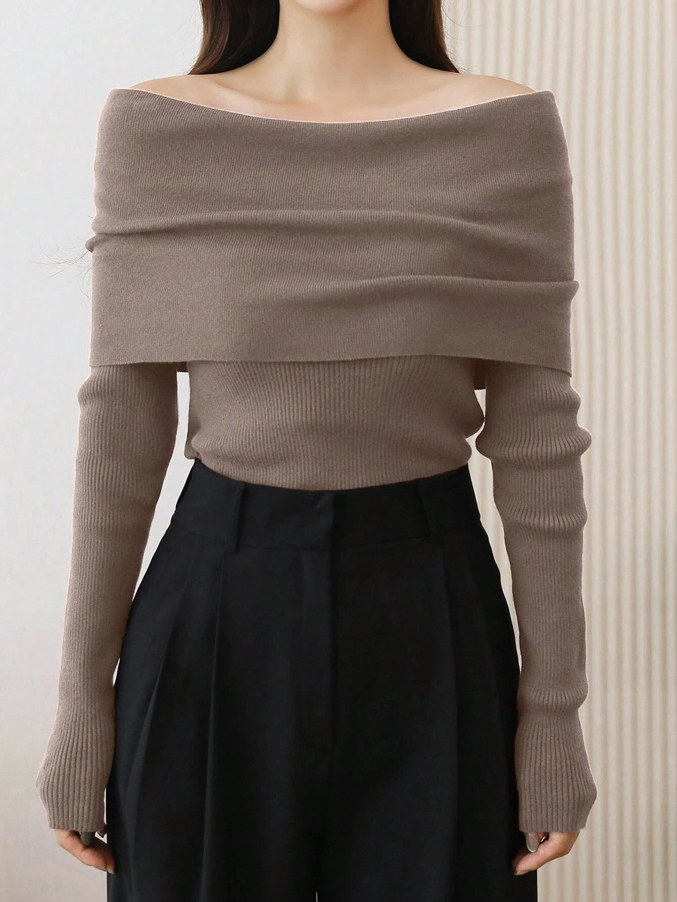 DAZY 1pc Women Solid Color Off Shoulder Long Sleeve Ribbed Casual Sweater Off Shoulder Sweater