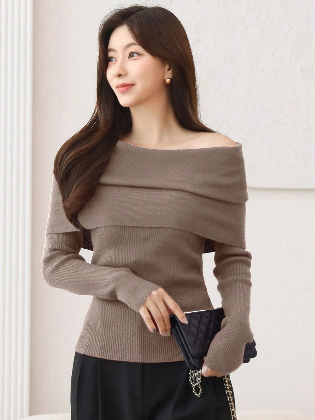 DAZY 1pc Women Solid Color Off Shoulder Long Sleeve Ribbed Casual Sweater Off Shoulder Sweater