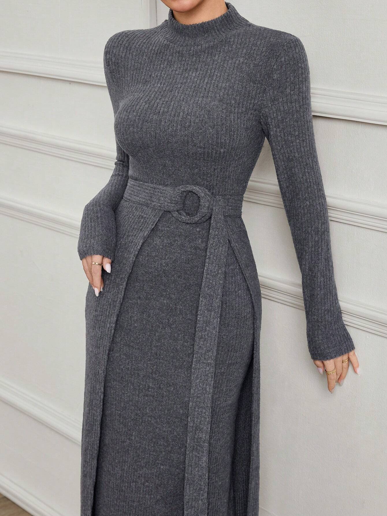Modely 2pcs Women Knit Fleece Basic Minimalist Fit Wrap Dress shein