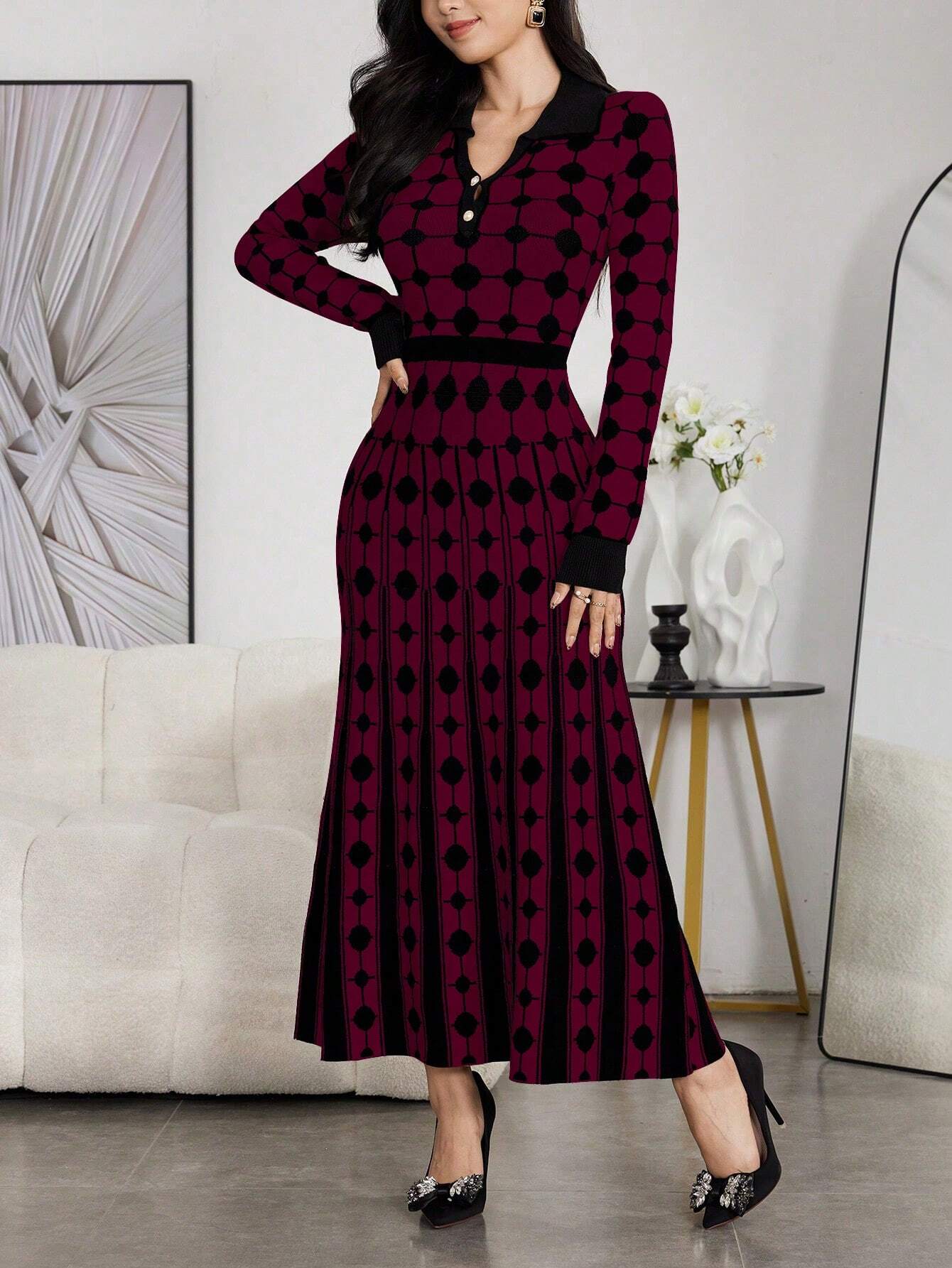 Modely Women Colorblock Polka Dot Bell Hem Sweater Dress shein