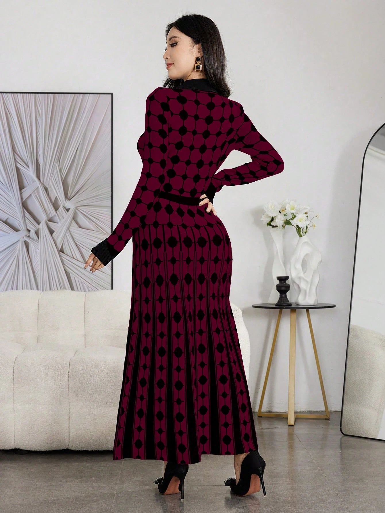 Modely Women Colorblock Polka Dot Bell Hem Sweater Dress shein