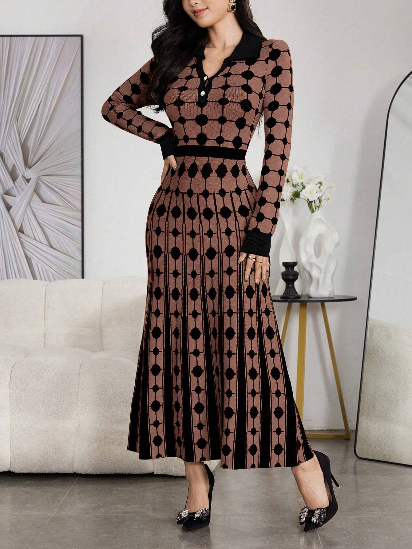 Modely Women Colorblock Polka Dot Bell Hem Sweater Dress shein