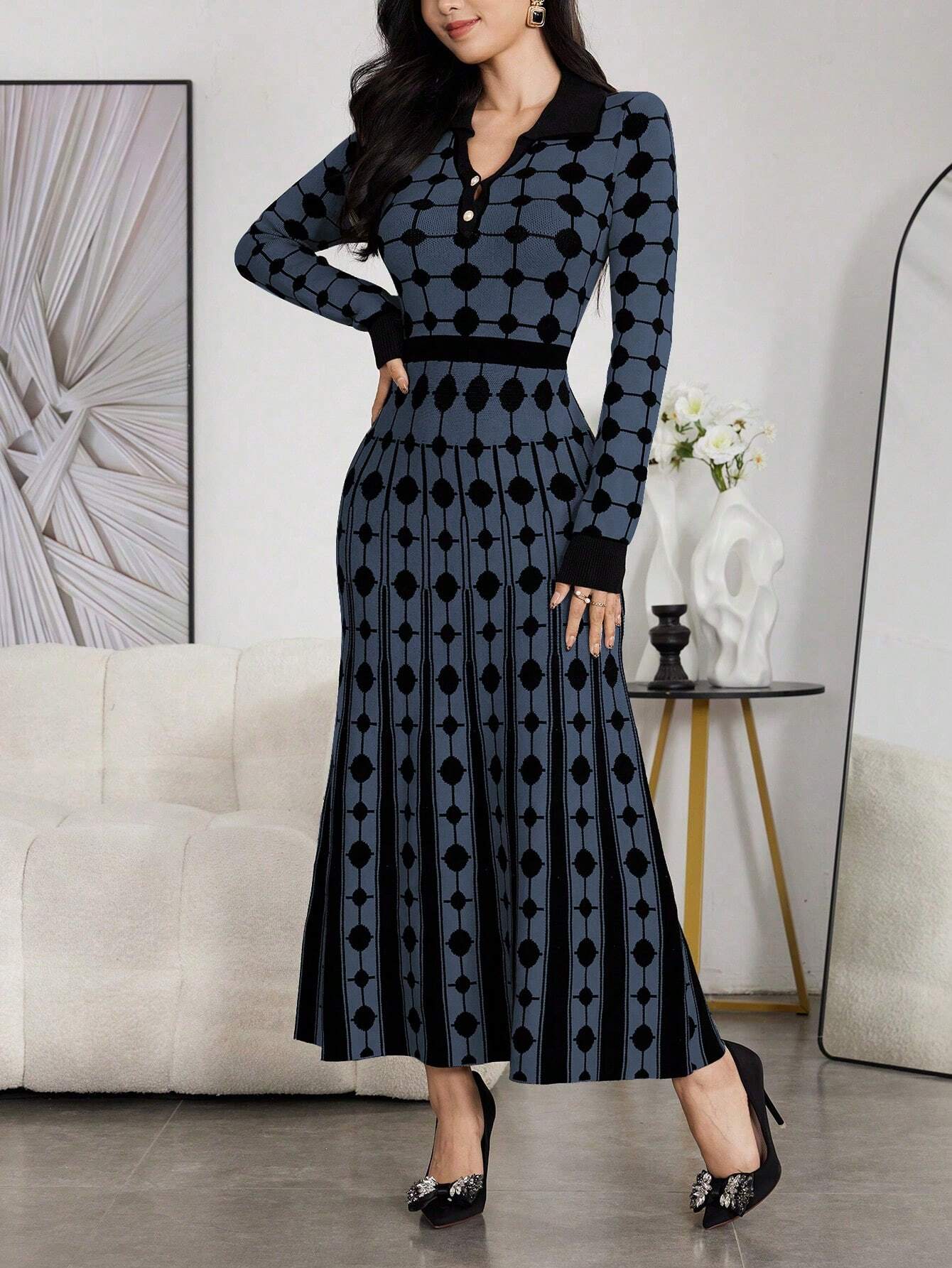 Modely Women Colorblock Polka Dot Bell Hem Sweater Dress shein
