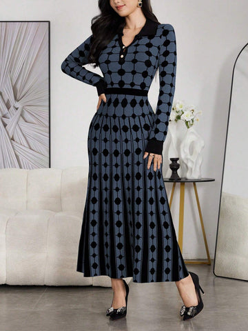 Modely Women Colorblock Polka Dot Bell Hem Sweater Dress