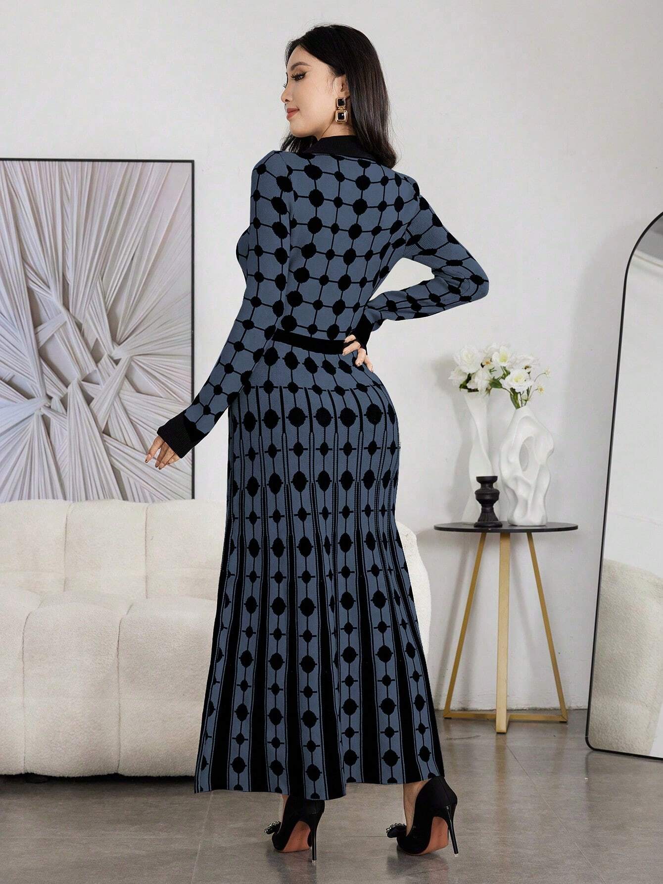 Modely Women Colorblock Polka Dot Bell Hem Sweater Dress shein