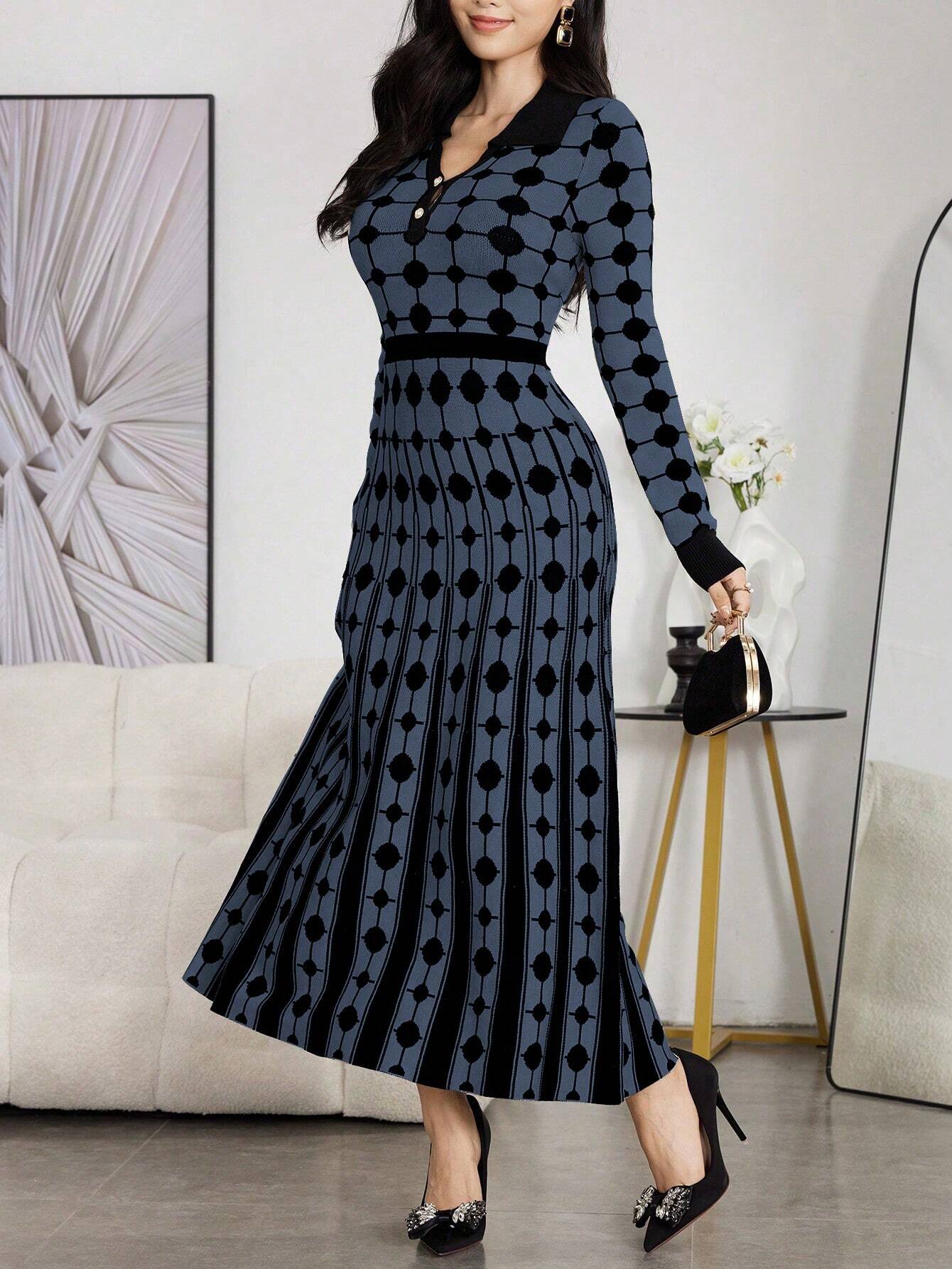Modely Women Colorblock Polka Dot Bell Hem Sweater Dress shein