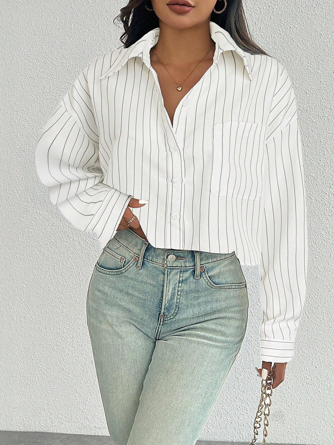 ChicEase Women Plain Button Front Long Sleeve Pocket Casual Shirt shein