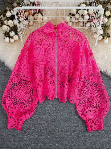 Unity Women Spring And Summer Stand-Up Collar Lace Loose Lantern Long-Sleeved Shirt