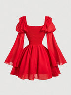MOD Black Chiffon Patchwork PU Waist Vintage Flare Sleeve A-Line Dress shein