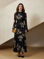 Rosie Elegant French Style Floral Print Bodycon Dress With Flared Sleeves And Mesh Details shein