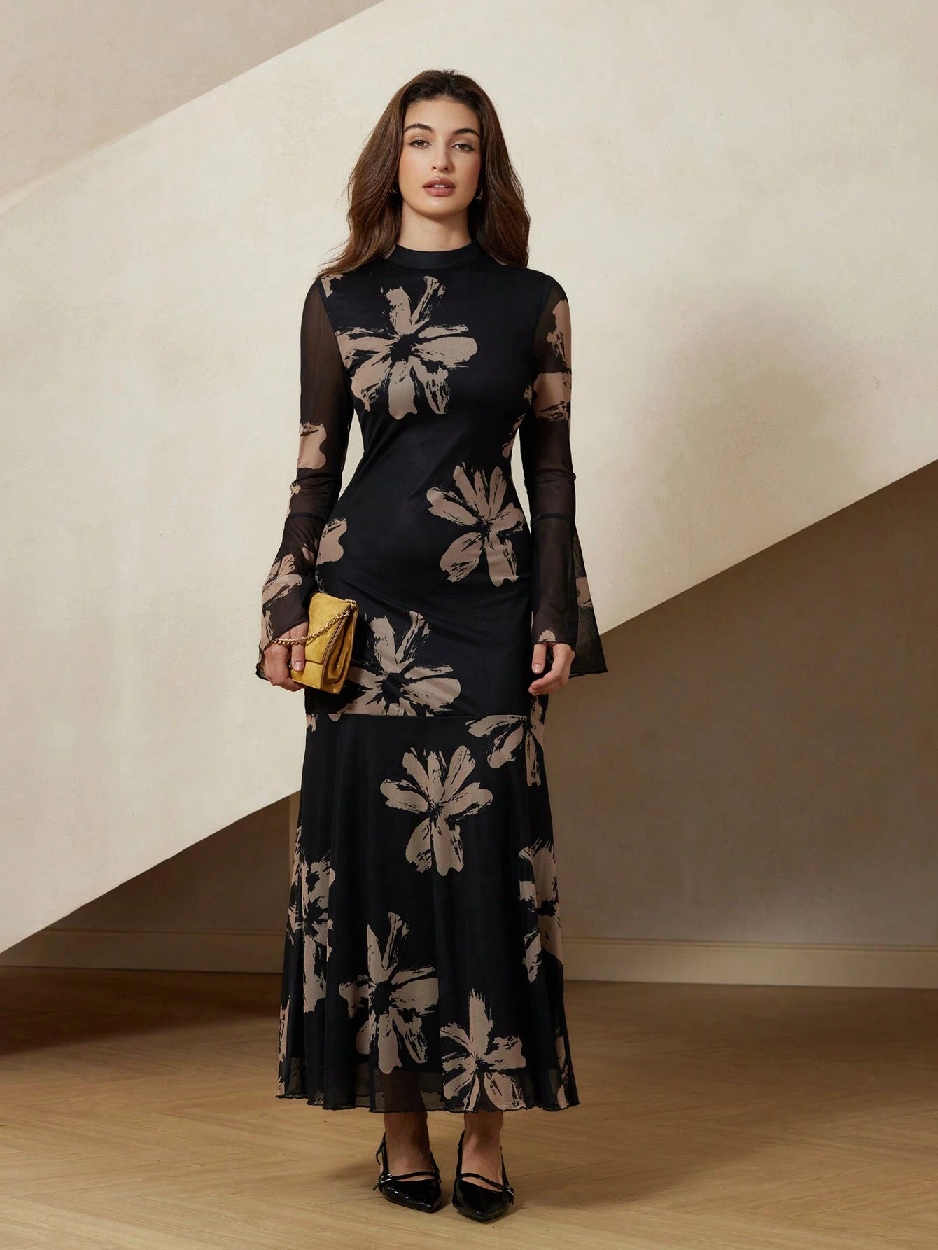 Rosie Elegant French Style Floral Print Bodycon Dress With Flared Sleeves And Mesh Details shein