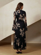 Rosie Elegant French Style Floral Print Bodycon Dress With Flared Sleeves And Mesh Details shein