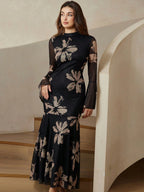 Rosie Elegant French Style Floral Print Bodycon Dress With Flared Sleeves And Mesh Details shein