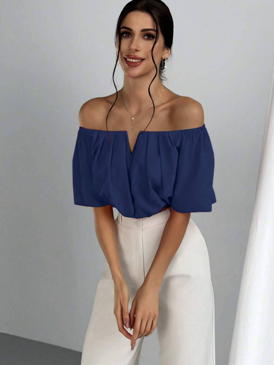 Women's Summer Solid Color Off Shoulder V Neck And Elastic Waist Blouse shein