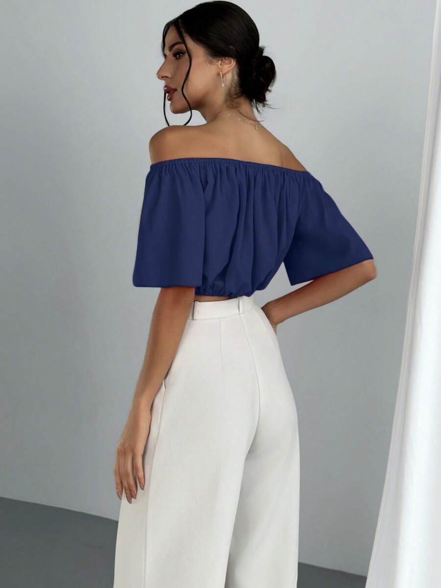 Women's Summer Solid Color Off Shoulder V Neck And Elastic Waist Blouse shein