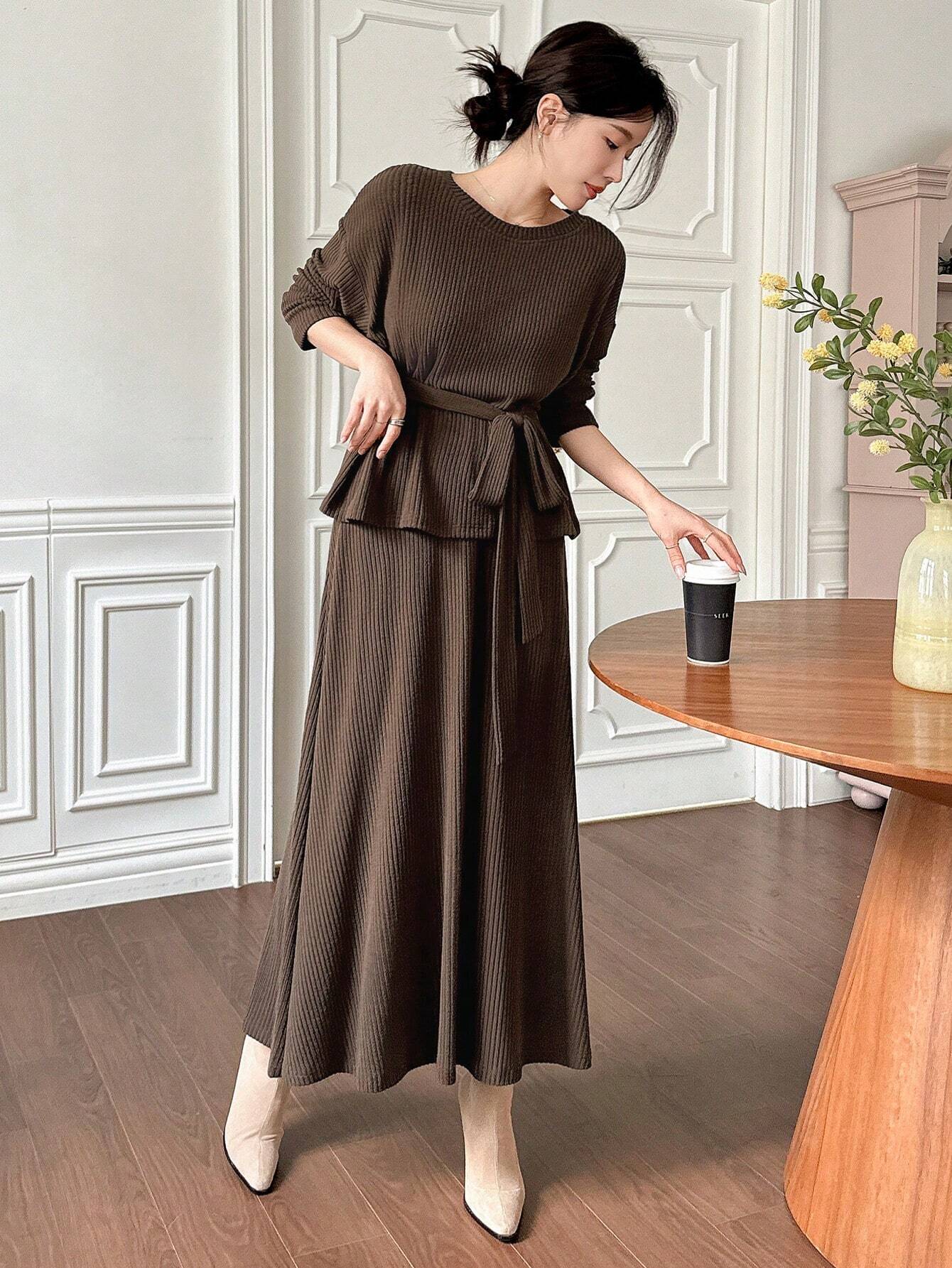 DAZY 2pcs Women Set: Solid Color Loose Drawstring Round Neck T-Shirt And Skirt shein
