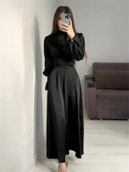 Women Long Dress Lantern Sleeves High Neck Party Plain Color Gown Lace Up Dress shein