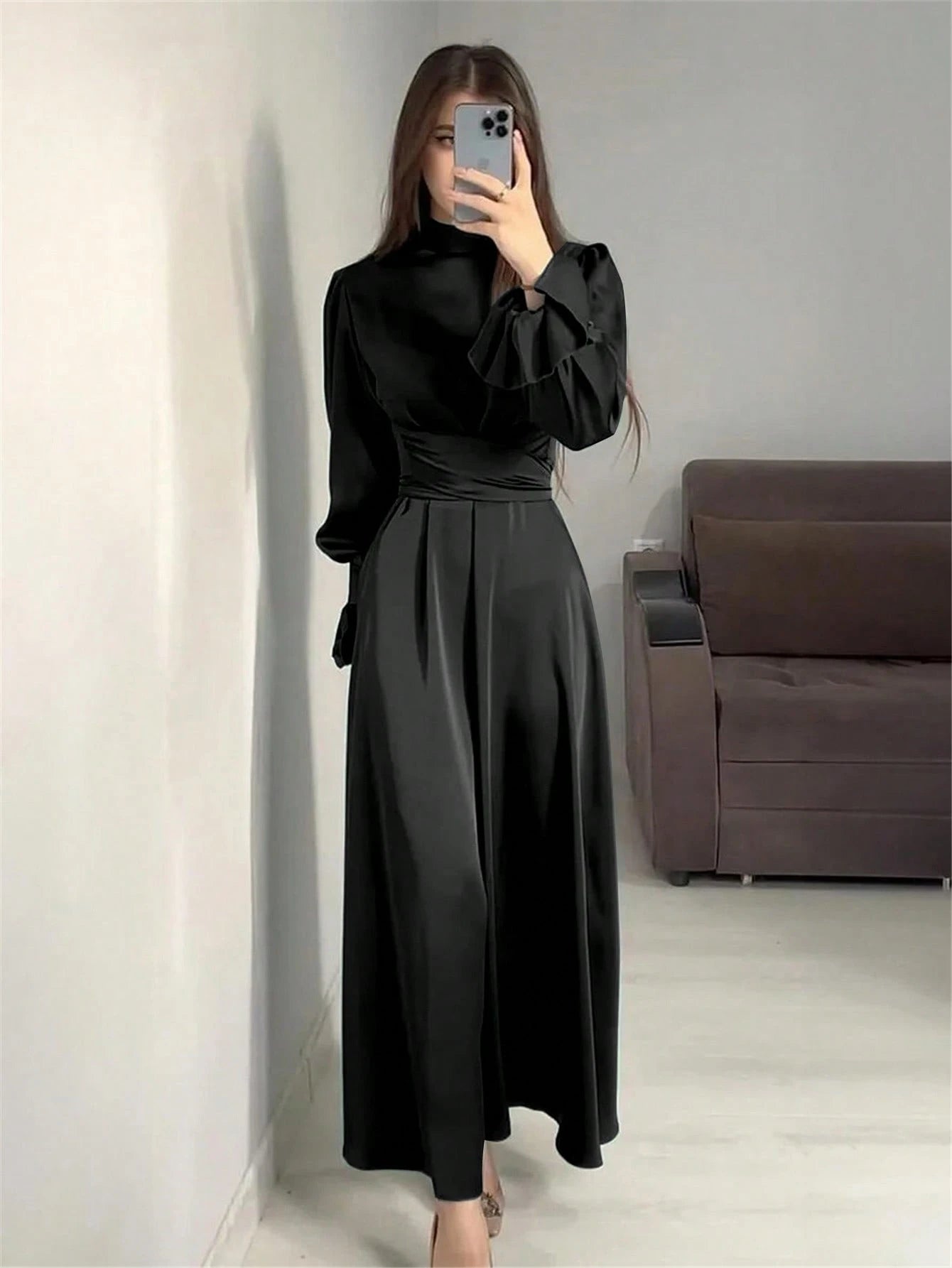 Women Long Dress Lantern Sleeves High Neck Party Plain Color Gown Lace Up Dress shein
