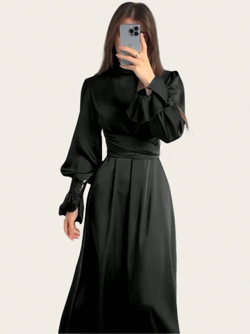 Women Long Dress Lantern Sleeves High Neck Party Plain Color Gown Lace Up Dress