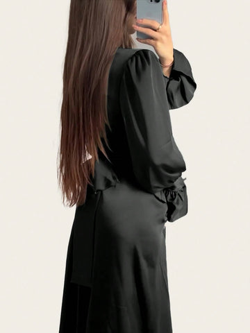 Women Long Dress Lantern Sleeves High Neck Party Plain Color Gown Lace Up Dress