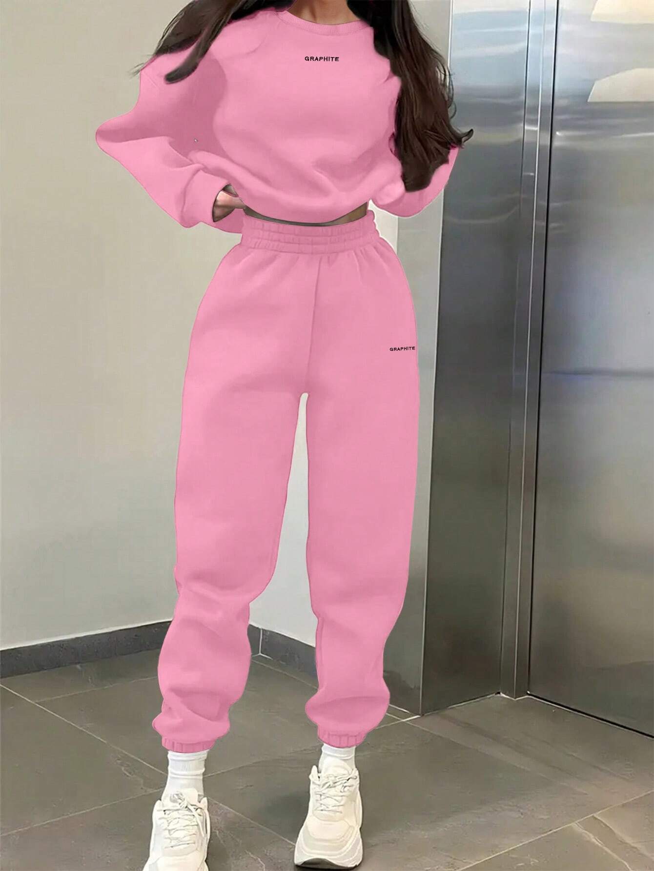 EZwear 2pcs Women's Casual Letter Print Sweatshirt And Sweatpants Set shein