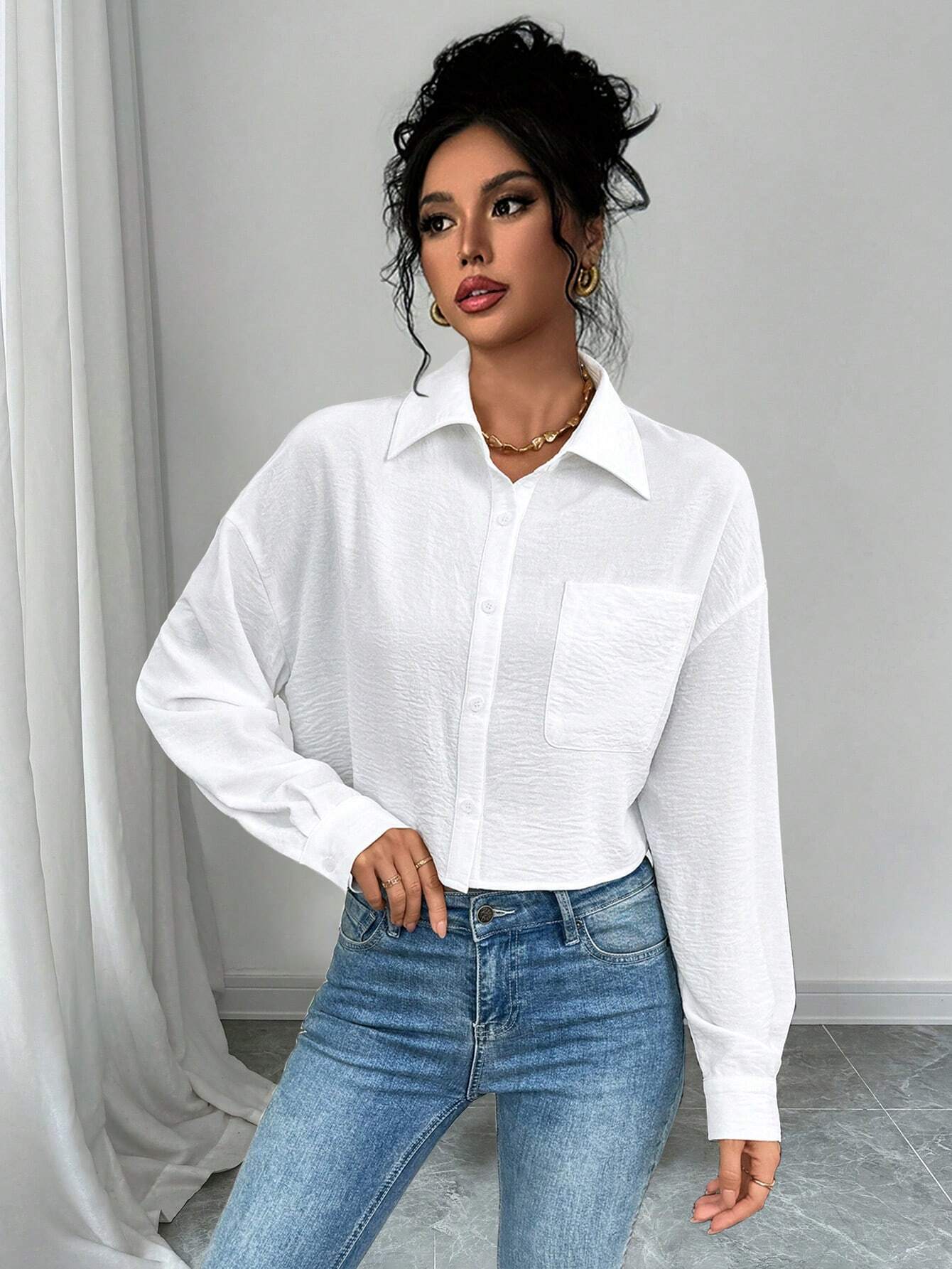 ChicEase Women Plain Button Front Long Sleeve Pocket Casual Shirt shein