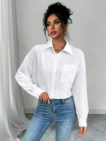 ChicEase Women Plain Button Front Long Sleeve Pocket Casual Shirt