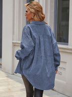 Essnce Women's Plain Color Commuter Casual Front Button Shirt Collar Pocket Detail Faux Leather Coat