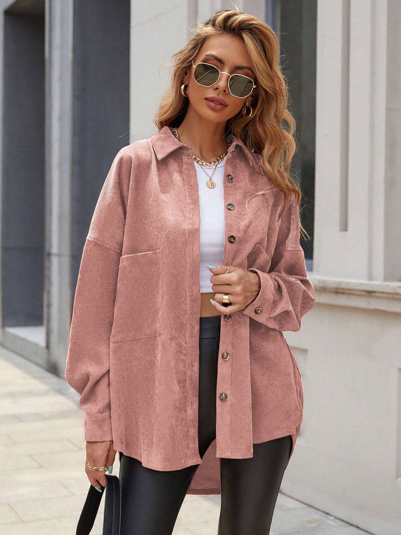 Essnce Women's Plain Color Commuter Casual Front Button Shirt Collar Pocket Detail Faux Leather Coat