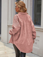 Essnce Women's Plain Color Commuter Casual Front Button Shirt Collar Pocket Detail Faux Leather Coat