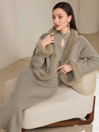 Modely Women Solid Color Faux Fur Trim Openwork Sweater Dress With Cardigan 2 Piece Set shein