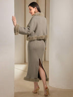 Modely Women Solid Color Faux Fur Trim Openwork Sweater Dress With Cardigan 2 Piece Set shein