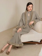 Modely Women Solid Color Faux Fur Trim Openwork Sweater Dress With Cardigan 2 Piece Set shein