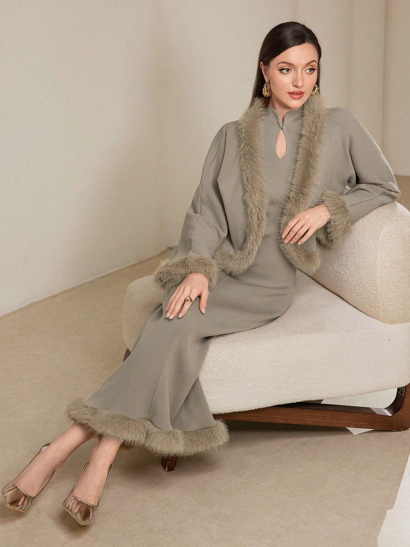 Modely Women Solid Color Faux Fur Trim Openwork Sweater Dress With Cardigan 2 Piece Set shein