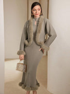 Modely Women Solid Color Faux Fur Trim Openwork Sweater Dress With Cardigan 2 Piece Set shein