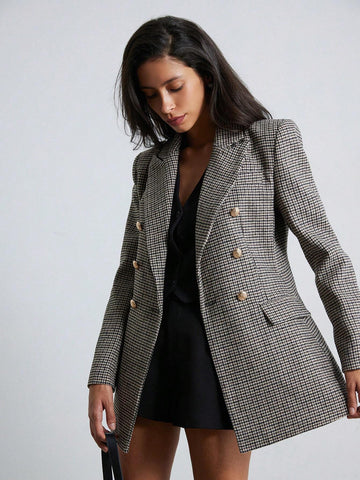 Modichic Business Style Lapel Long Sleeve Plaid Double-Breasted Blazer Jacket