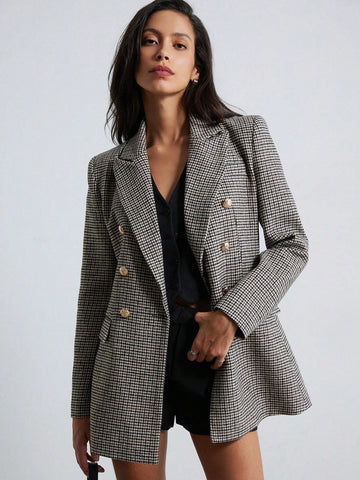 Modichic Business Style Lapel Long Sleeve Plaid Double-Breasted Blazer Jacket