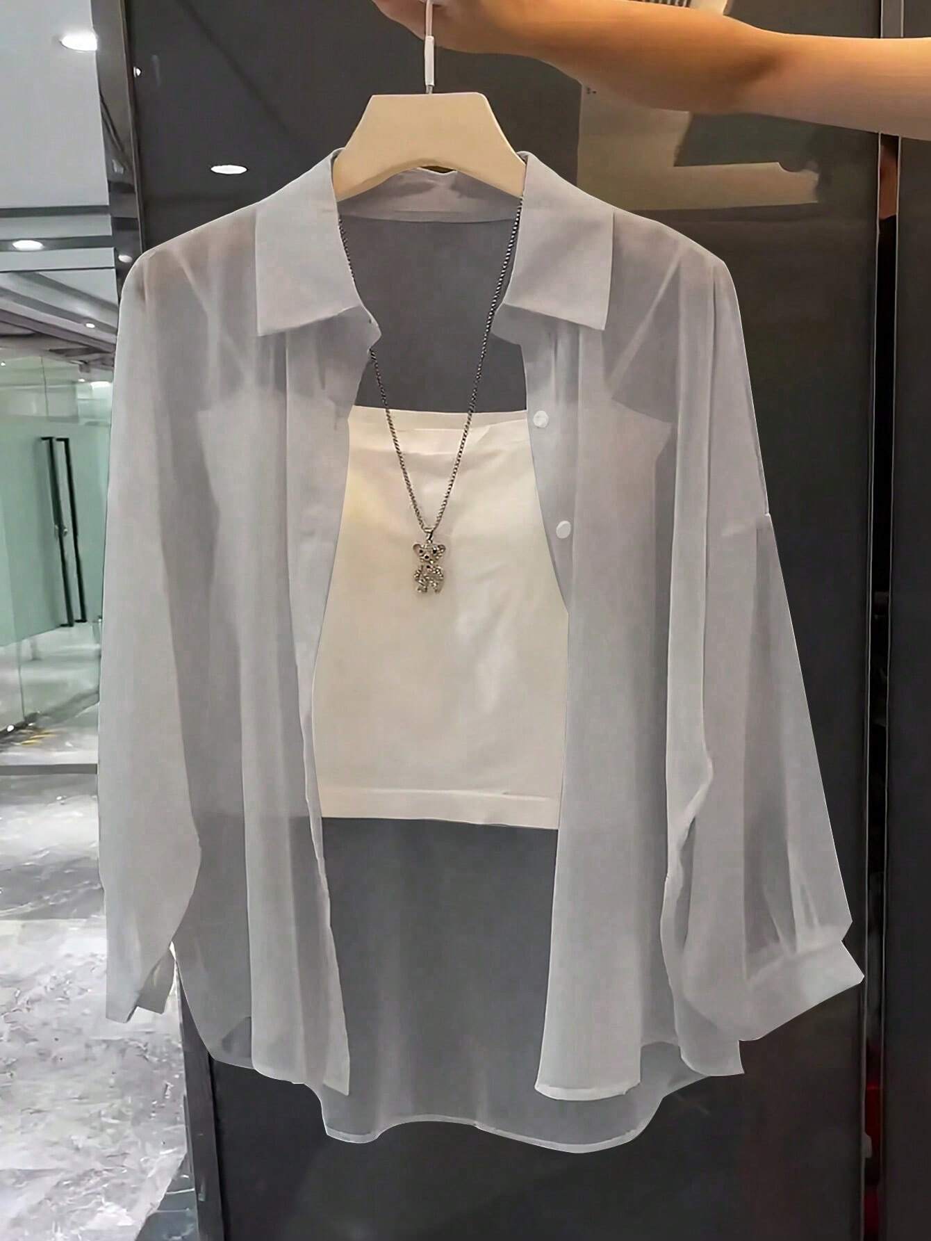 ChicEase Basic Transparent Plain Simple Collared Shirt shein