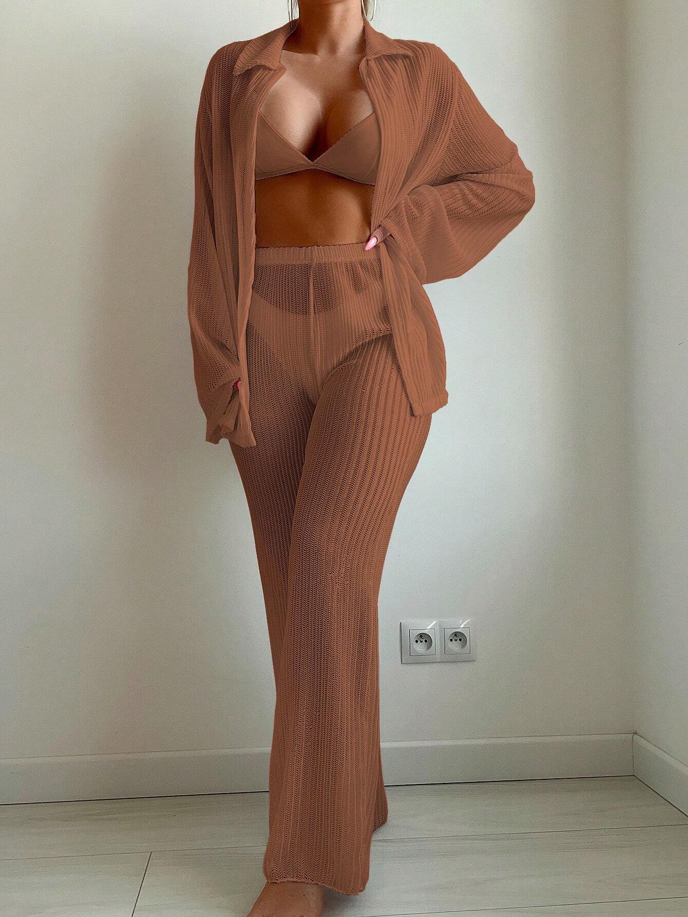 Swim 2pcs Women's Fashionable Summer Simple Solid Color Hollow Out Beach Style Cover-Up Set shein