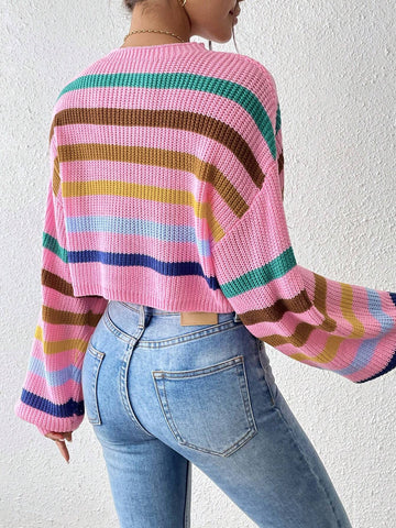 EZwear Stripe Pattern Lantern Sleeve Sweater