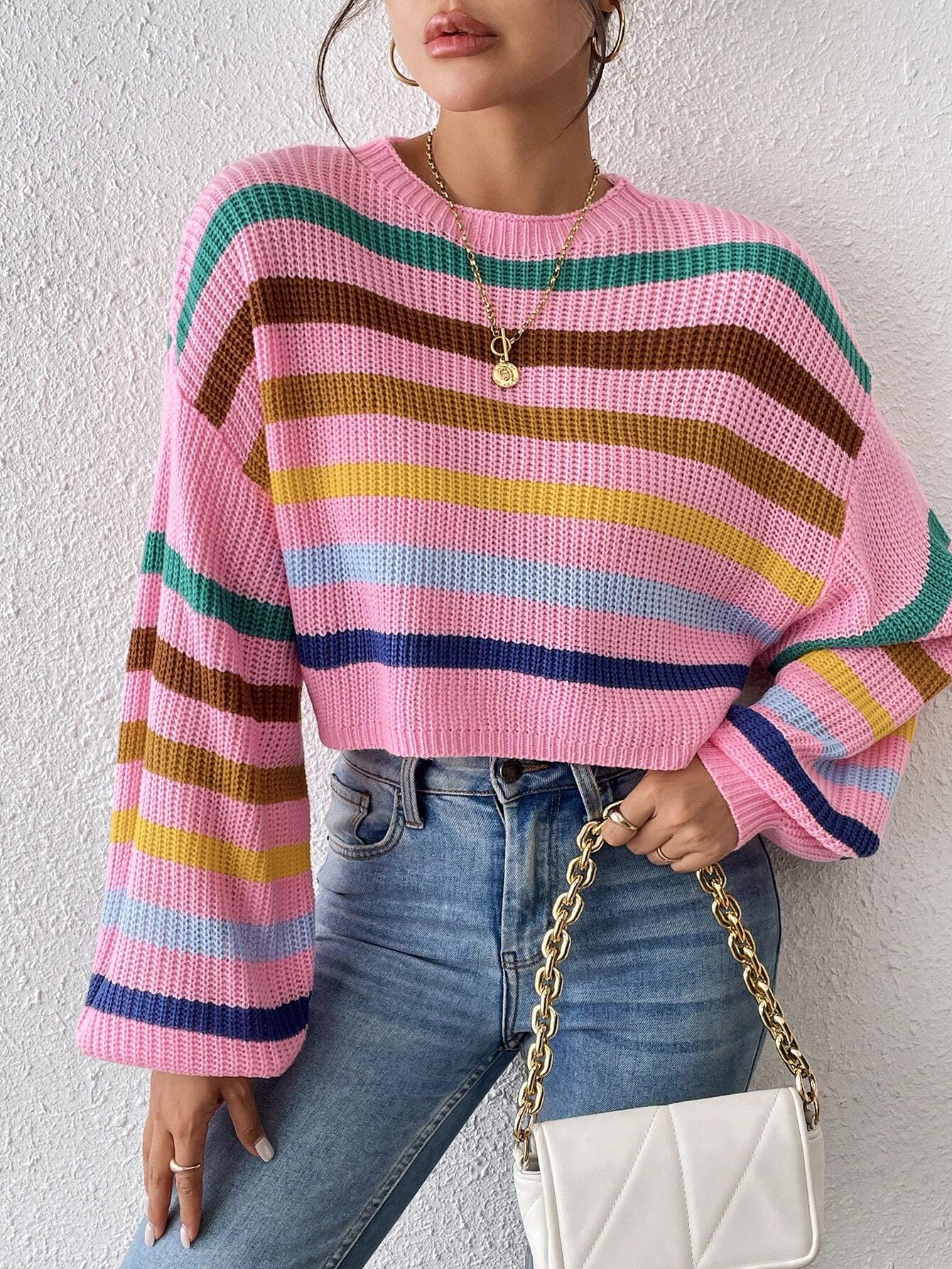 EZwear Stripe Pattern Lantern Sleeve Sweater shein