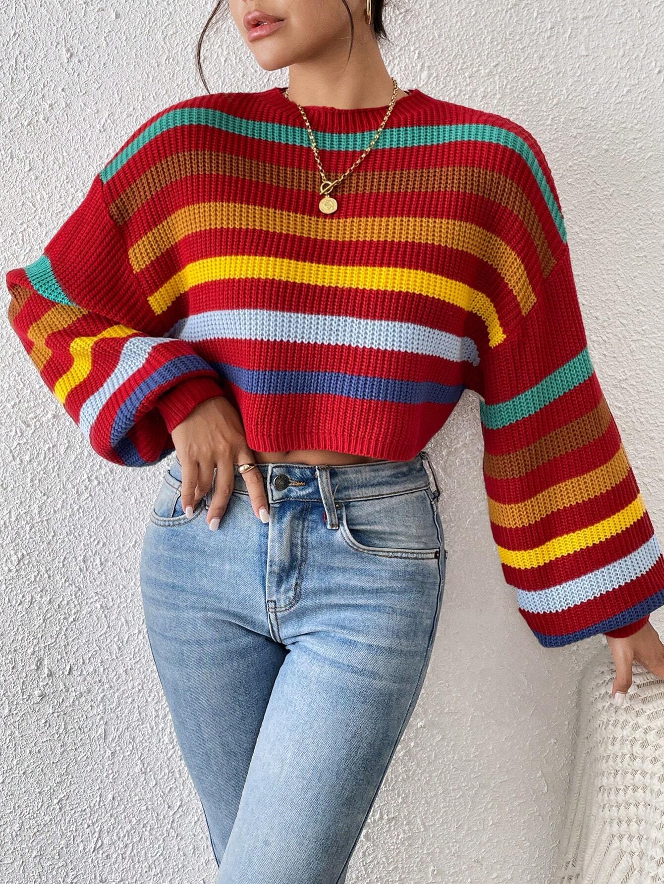 EZwear Stripe Pattern Lantern Sleeve Sweater shein