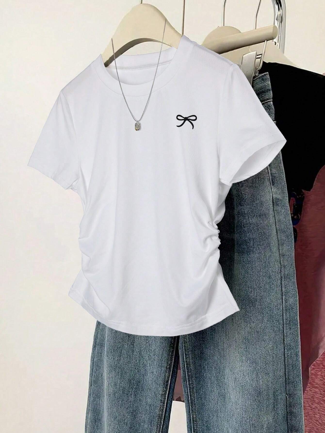 INAWLY Women Solid Color Short Sleeve T-Shirt shein