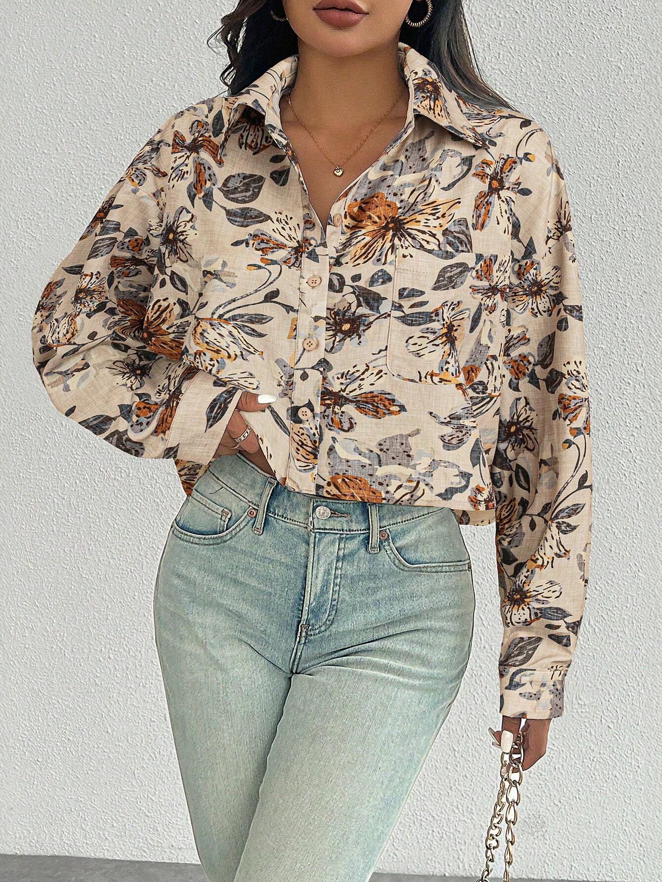 ChicEase Women Plain Button Front Long Sleeve Pocket Casual Shirt shein