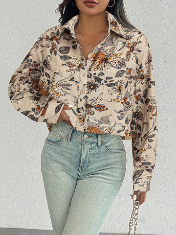 ChicEase Women Plain Button Front Long Sleeve Pocket Casual Shirt