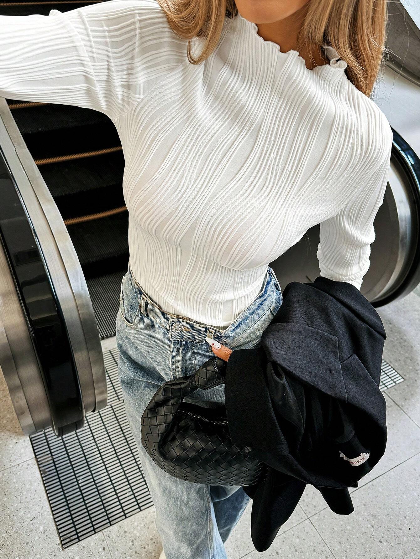 Siren Gaze Women Solid Color Daily Wear Lettuce Trim Tee shein