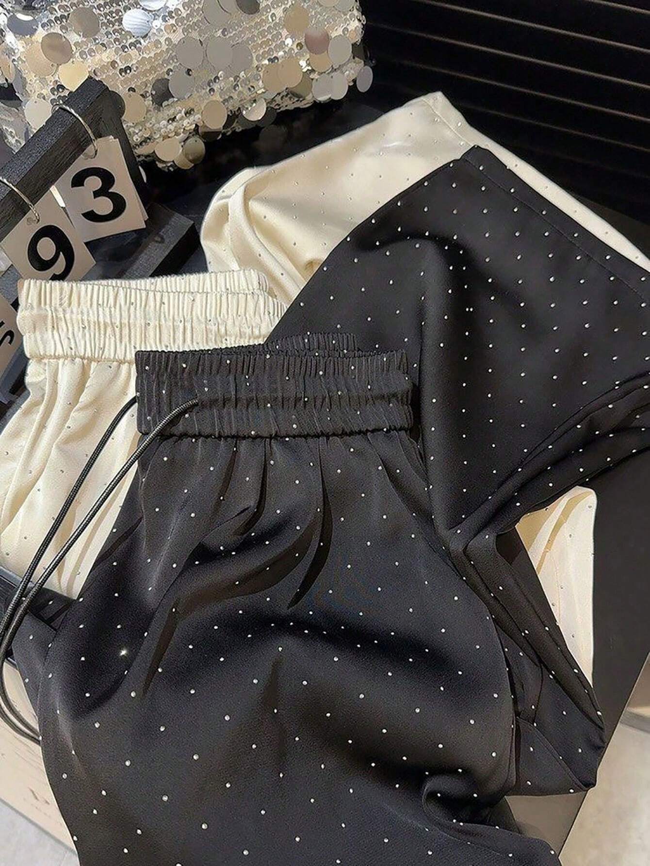 Franclia 1pc Ladies High Waist Rhinestone Satin Elastic Waist Drawstring Loose Straight Leg Pants shein