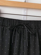 Franclia 1pc Ladies High Waist Rhinestone Satin Elastic Waist Drawstring Loose Straight Leg Pants shein